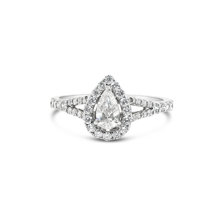 0.89ctw pear halo diamond engagement ring with split shank